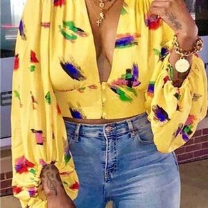 SHEIN Yellow Multicolor Brushstroke Blouse